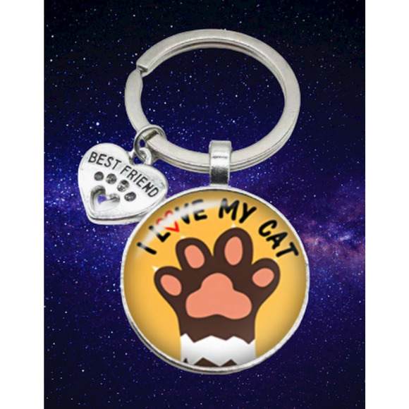Best Friend I Love My Cat Paw Print Cabochon Dome Keychain Keyring Key Chain - Picture 1 of 5